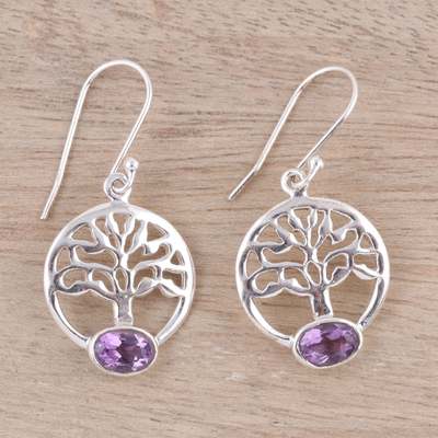 Amethyst dangle earrings, 'Corona Trees' - Tree Motif Amethyst Dangle Earrings from India