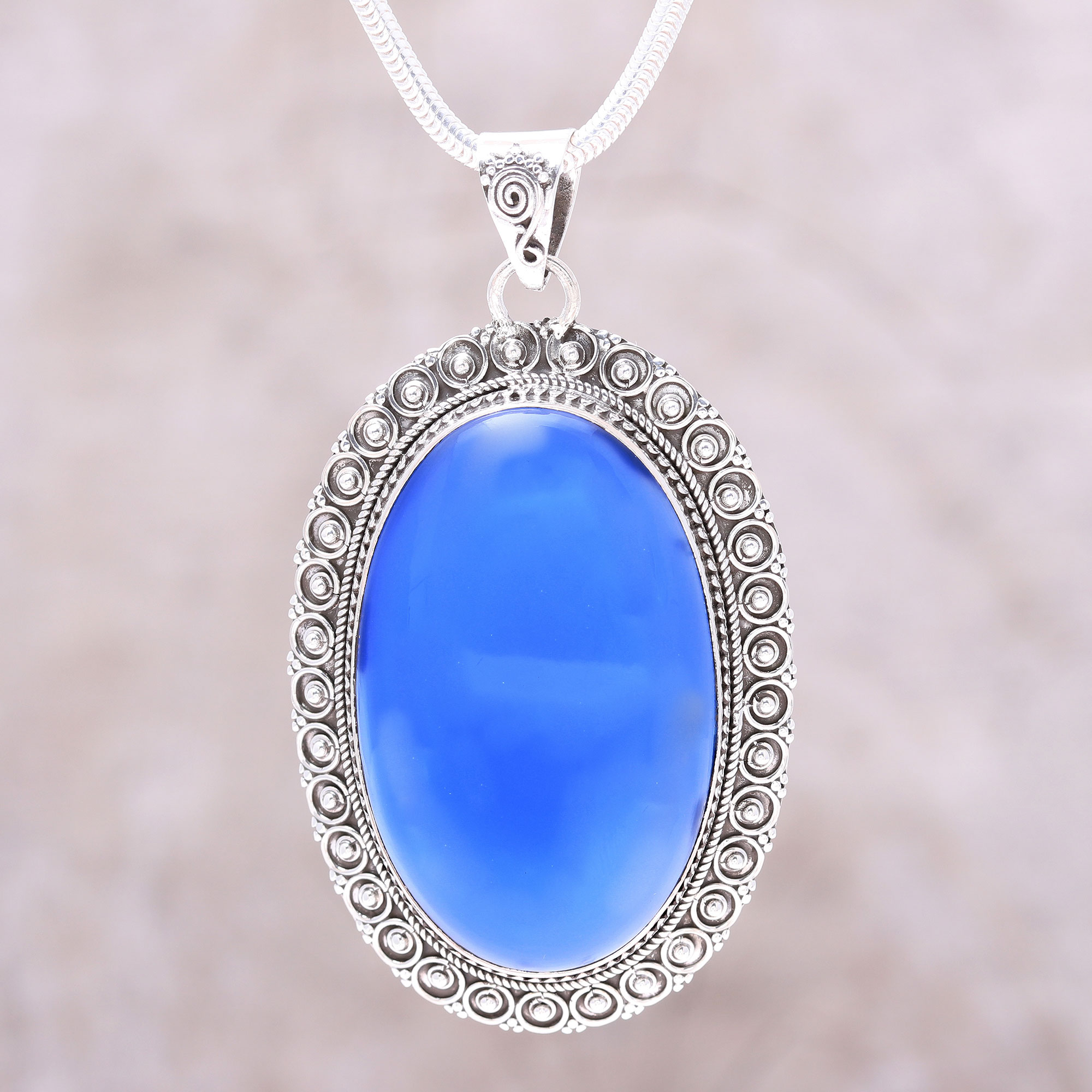 Blue Chalcedony Caged Stone Pendant 925 Sterling Silver Corona Sun Jewelry