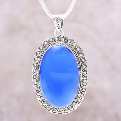 Chalcedony pendant necklace, 'Fairest Sky' - Large Blue Chalcedony and Sterling Silver Pendant Necklace