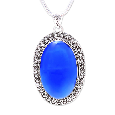 Large Blue Chalcedony and Sterling Silver Pendant Necklace, 'Fairest Sky'
