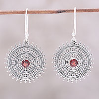 Garnet dangle earrings, 'Radiant Wheels' - Garnet and Sterling Silver Concentric Circle Dangle Earrings