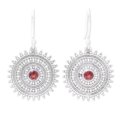 Garnet dangle earrings, 'Radiant Wheels' - Garnet and Sterling Silver Concentric Circle Dangle Earrings