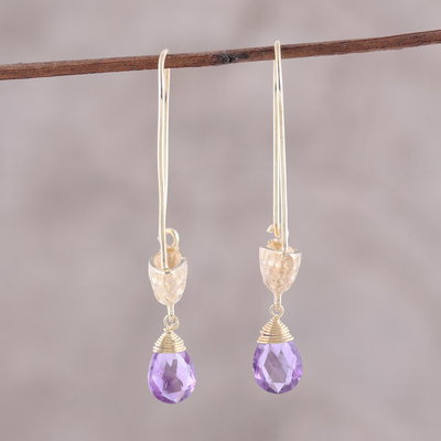 Gold plated amethyst dangle earrings, 'Mystical Boats' - Gold Plated Amethyst Hoop Dangle Earrings from India
