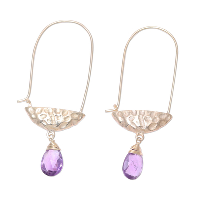 Gold plated amethyst dangle earrings, 'Mystical Boats' - Gold Plated Amethyst Hoop Dangle Earrings from India