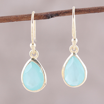 Gold plated chalcedony dangle earrings, 'Fantastic Drops' - Gold Plated 4-Carat Chalcedony Dangle Earrings from India