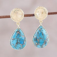 Gold plated sterling silver dangle earrings, 'Silver Turquoise Drops'