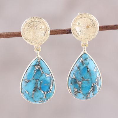 Gold plated sterling silver dangle earrings, 'Silver Turquoise Drops' - Gold Plated Sterling Silver and Composite Turquoise Earrings