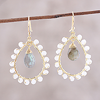 Gold plated labradorite and rainbow moonstone dangle earrings, 'Majestic Bliss' - Gold Plated Labradorite and Rainbow Moonstone Earrings