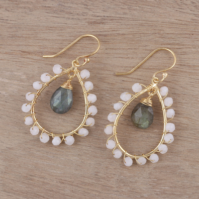 Gold plated labradorite and rainbow moonstone dangle earrings, 'Majestic Bliss' - Gold Plated Labradorite and Rainbow Moonstone Earrings