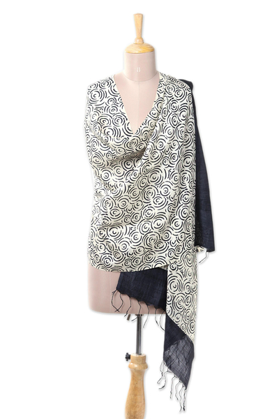 Silk shawl, 'Garden of Black Roses' - Handwoven Block-Printed Silk Shawl in Black and Ivory