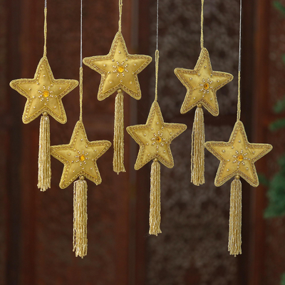 Supervise Moving Contribution Embroidered and Beaded Gold Star Ornaments (Set of 6) - Golden Star | NOVICA