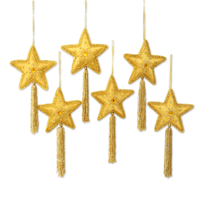 Embellished ornaments, 'Golden Star' (set of 6) - Embroidered and Beaded Gold Star Ornaments (Set of 6)
