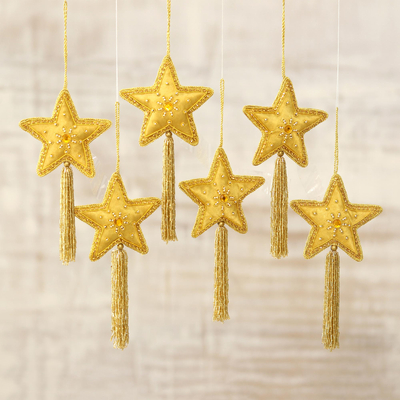 Embellished ornaments, 'Golden Star' (set of 6) - Embroidered and Beaded Gold Star Ornaments (Set of 6)