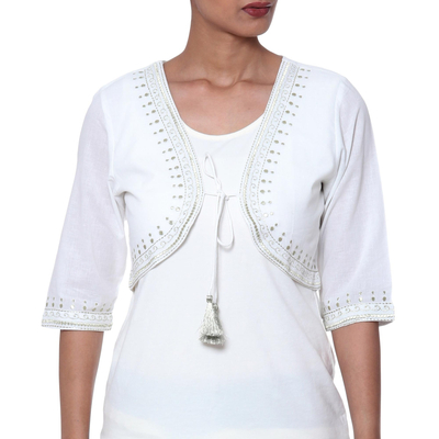 Baumwollbolero, „Zari Elegance in White“ – Weißer Baumwollbolero mit Zari-Stickerei aus Indien