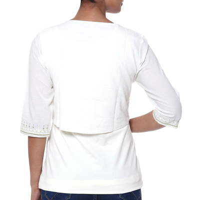 Bolero de algodón - Bolero de algodón blanco con bordado Zari de la India