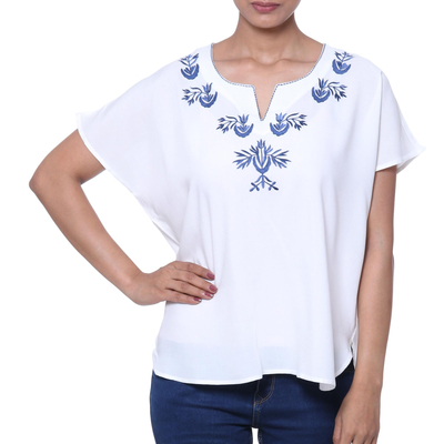 Viscose blouse, 'Demure Beauty' - White Viscose Blouse with Embroidery from India