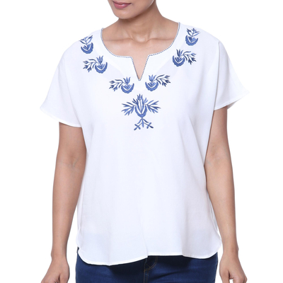 Viscose blouse, 'Demure Beauty' - White Viscose Blouse with Embroidery from India