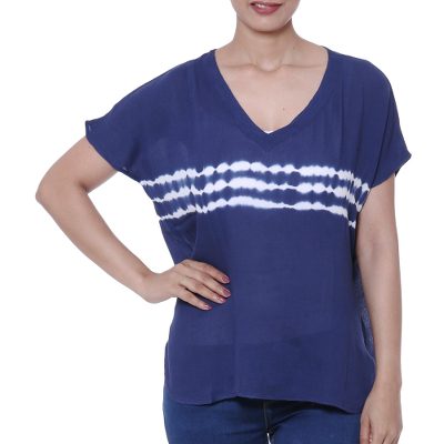Tie-dyed viscose blouse, 'Eternal Indigo' - Tie-Dyed Viscose Blouse in Indigo from India
