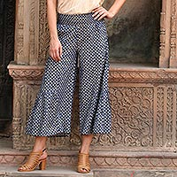 Printed Floral Viscose Culottes in Blue from India,'Floral Comfort'
