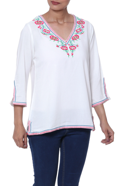 Viscose tunic, 'Floral Blast' - Floral Embroidered Viscose Tunic from India
