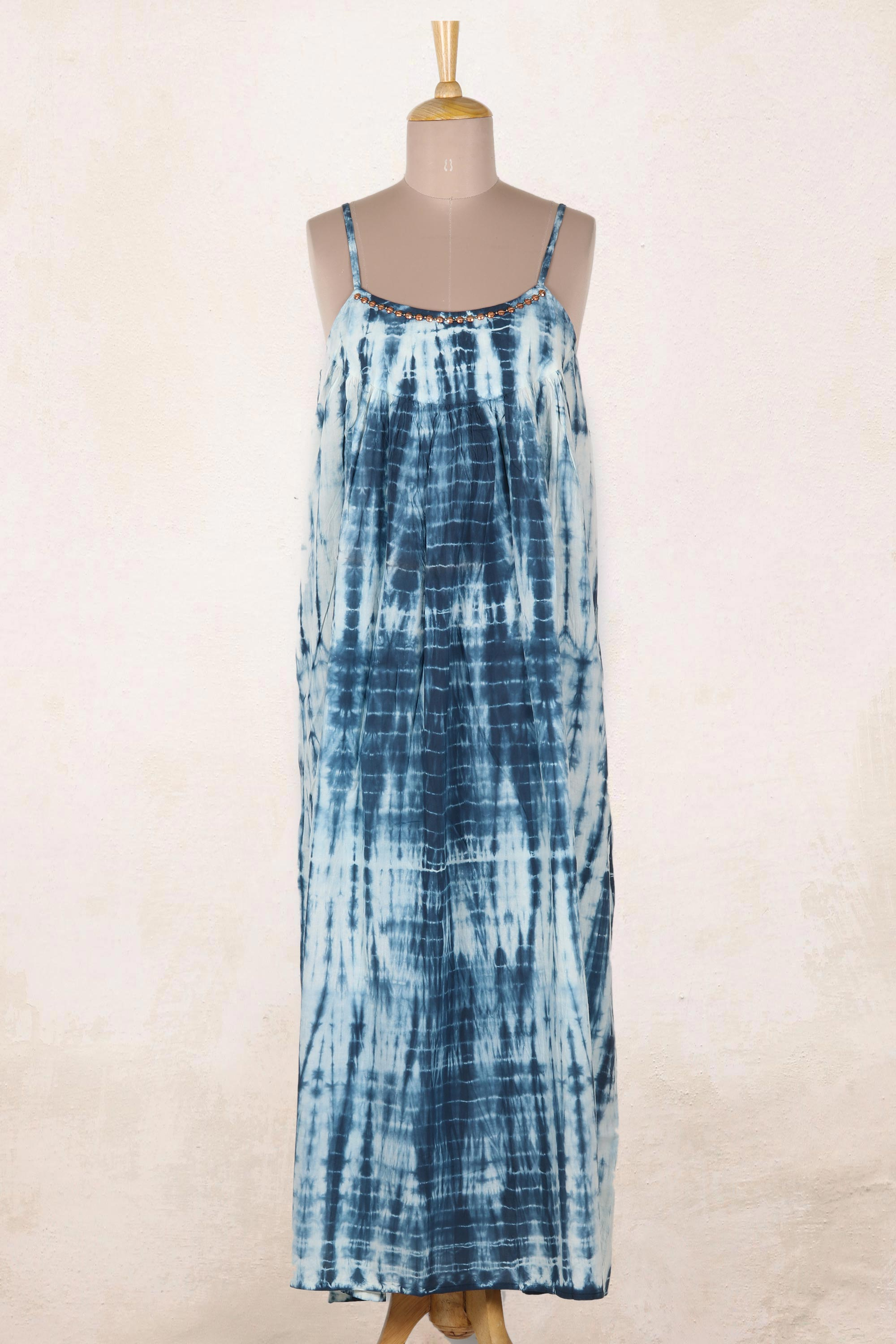 Tie-Dyed Cotton Long Dress in Navy from India - Navy Rain | NOVICA