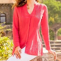 Cotton tunic, 'Hakoba in Pink' - Hot Pink Hakoba Eyelet Lace Crinkle Cotton Tunic