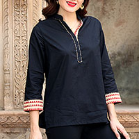 Cotton tunic, 'Indian Angles' - Cotton Tunic in Black with Geometric Accents from India