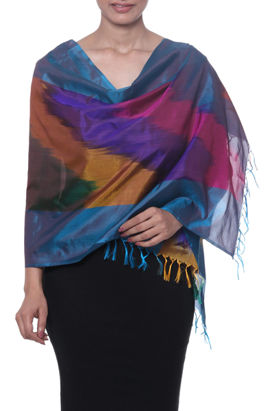 Ikat silk scarf, 'Ikat Taste' - Colorful Ikat Handwoven Silk Scarf from India