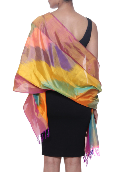 Ikat silk scarf, 'Ikat Sweetness' - Ikat Tie-Dyed Silk Scarf Handwoven in India