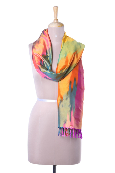 Ikat silk scarf, 'Ikat Sweetness' - Ikat Tie-Dyed Silk Scarf Handwoven in India