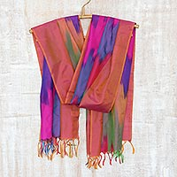 Ikat silk scarf, 'Ikat Delight' - Striped Ikat Silk Scarf Handwoven in India