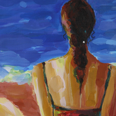 „A Sea of ​​Reverie“ – Expressionistisches Gemälde einer Frau am Strand aus Indien
