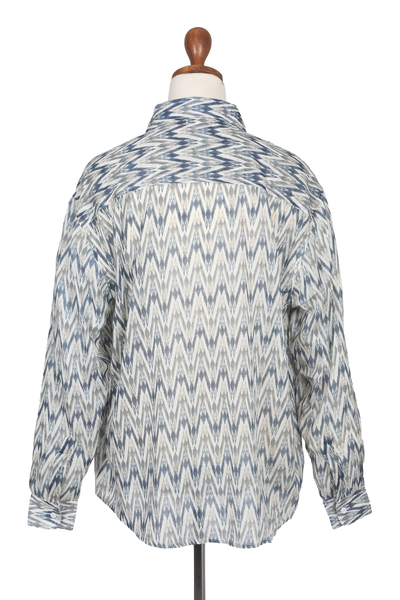 Herren-Langarmhemd aus Baumwolle - Blaues Baumwoll-Herrenhemd mit Indien-Ikat-Print und langen Ärmeln