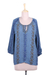 Beaded tunic blouse, 'Jodhpur Blossom' - Embroidered Hand Beaded Blue Floral Tunic Top from India thumbail