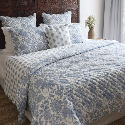 Cotton block print Euro pillow shams, 'Bombay Toile' (pair) - Hand Stitched Cotton Block Print Quilted Euro Shams (Pair)