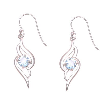 Blue topaz dangle earrings, 'Dazzling Gleam' - Wave Motif Blue Topaz Dangle Earrings from India