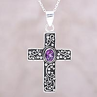 Amethyst pendant necklace, 'Gracious Cross' - Amethyst Cross Pendant Necklace from India