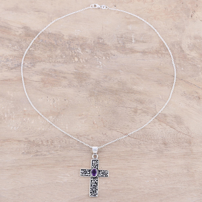Amethyst pendant necklace, 'Gracious Cross' - Amethyst Cross Pendant Necklace from India