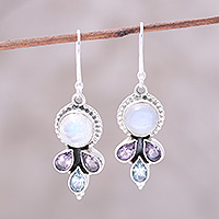 Multi-gemstone dangle earrings, 'Dancing Elegance' - Multi-Gemstone Dangle Earrings Handcrafted in India