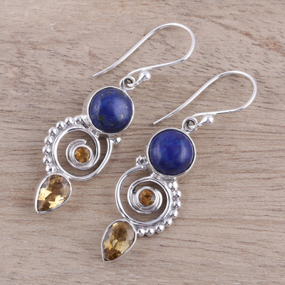Citrine and lapis lazuli dangle earrings, 'Majestic Spirals' - Citrine and Lapis Lazuli Spiral Earrings from India