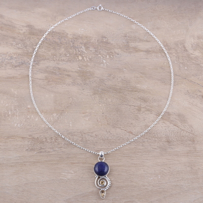 Citrine and lapis lazuli pendant necklace, 'Majestic Spiral' - Citrine and Lapis Lazuli Spiral Necklace from India