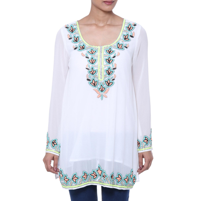 Beaded tunic, 'Day Celebration' - White Polyester Floral Beaded Long Sleeved Tunic