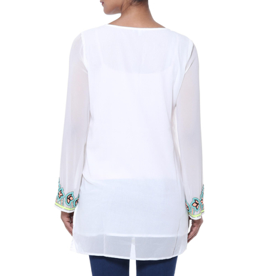 Beaded tunic, 'Day Celebration' - White Polyester Floral Beaded Long Sleeved Tunic