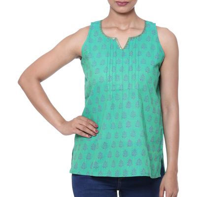 Cotton blouse, 'Amethyst Aura' - Block-Printed Cotton Blouse in Meadow from India