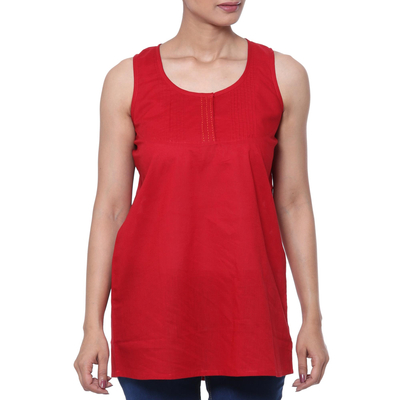 Cotton blouse, 'Crimson Charm' - Artisan Crafted Cotton Blouse in Crimson from India