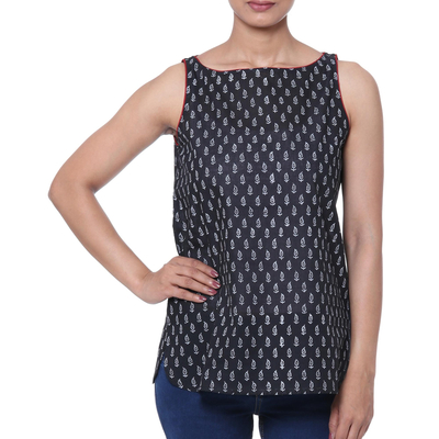Cotton blouse, 'Dancing Paisleys' - Paisley Motif Block-Printed Cotton Blouse from India