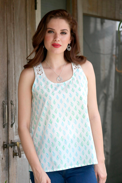 Cotton blouse, 'Summer Desire' - Block-Printed White Cotton Blouse from India