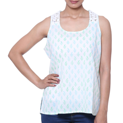 Blusa de algodón - Blusa blanca de algodón con estampado de bloques de India