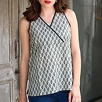 Cotton blouse, 'Summer Sage' - Block-Printed Cotton Blouse in Sage and Black from India