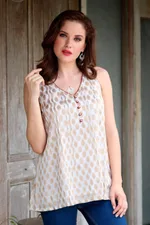 Viscose blouse, 'Golden Dreams' - Block-Printed Gold Motif Viscose Blouse from India